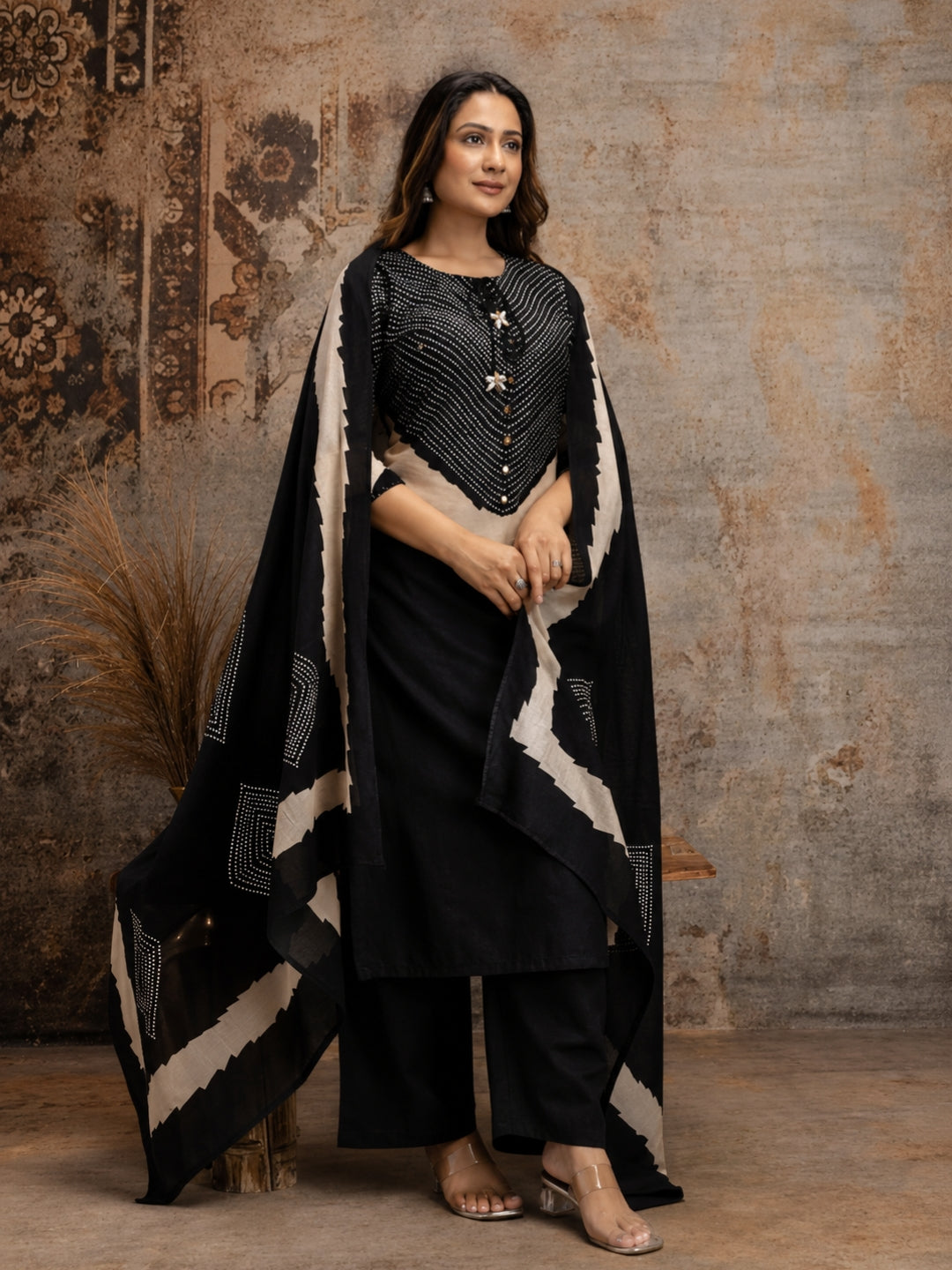 Black Cotton Kurta Set with Printed Yoke & Dupatta – Elegant Ethnic Wear