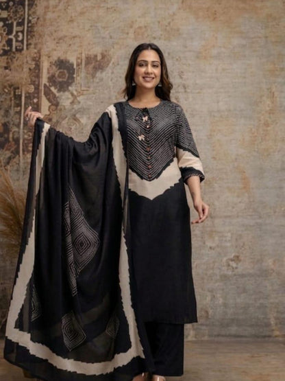 Black Cotton Kurta Set with Printed Yoke & Dupatta – Elegant Ethnic Wear