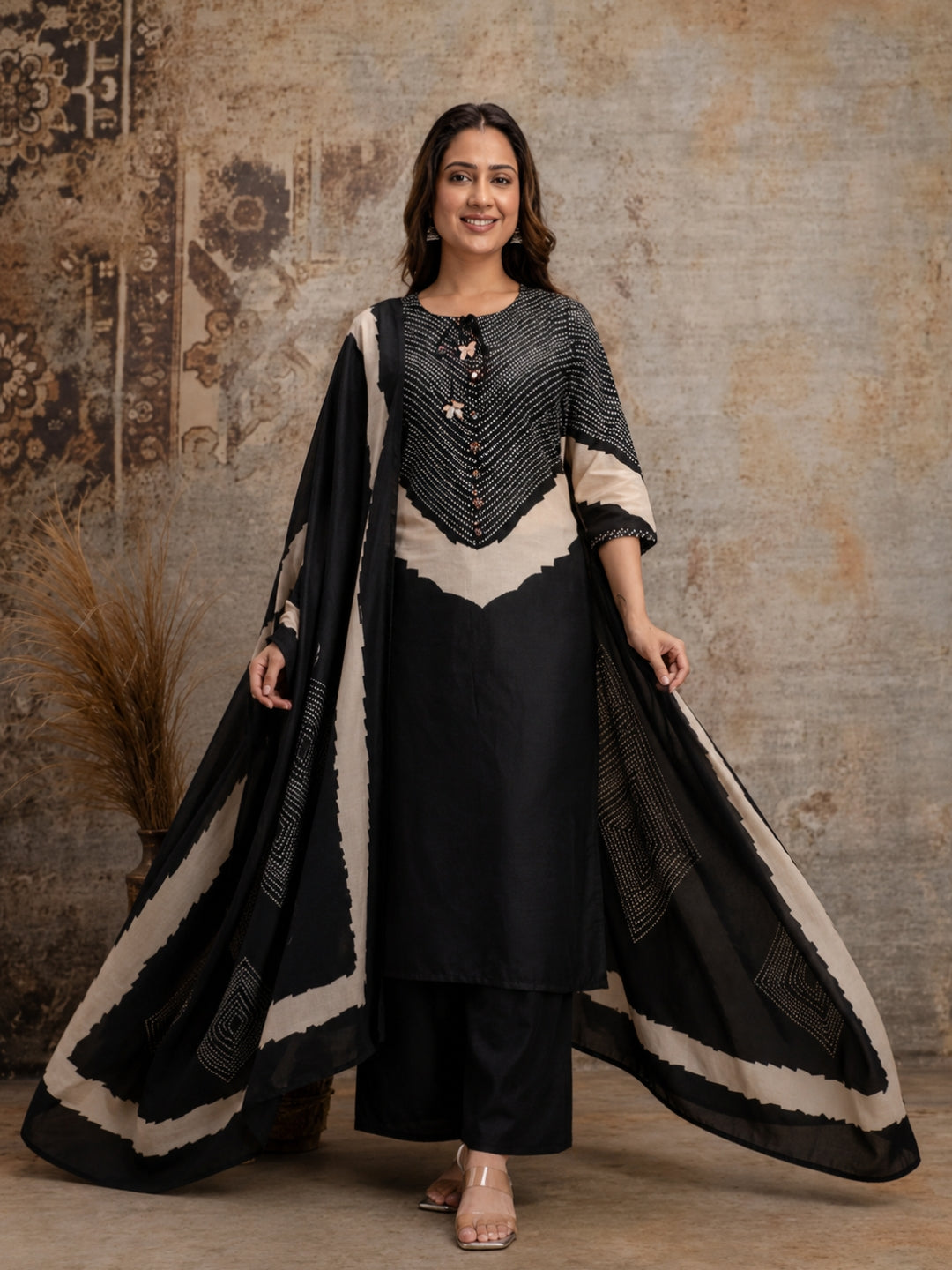 Black Cotton Kurta Set with Printed Yoke & Dupatta – Elegant Ethnic Wear