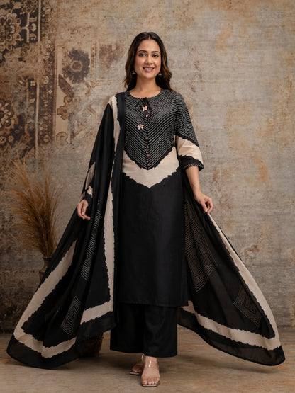 Black Cotton Kurta Set with Printed Yoke & Dupatta – Elegant Ethnic Wear