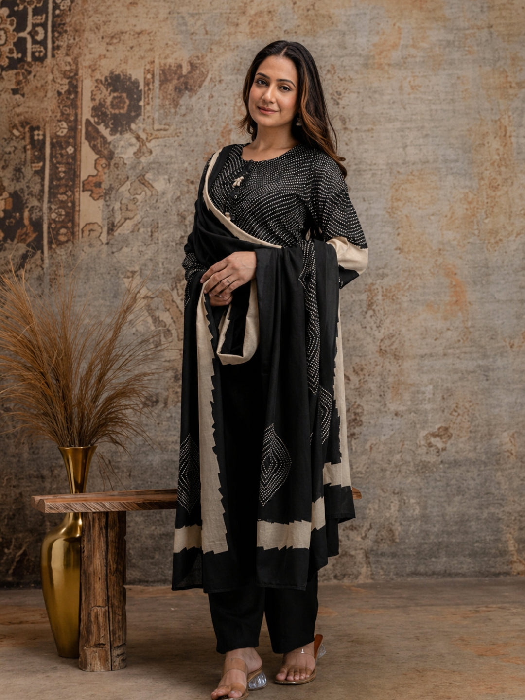 Black Cotton Kurta Set with Printed Yoke & Dupatta – Elegant Ethnic Wear