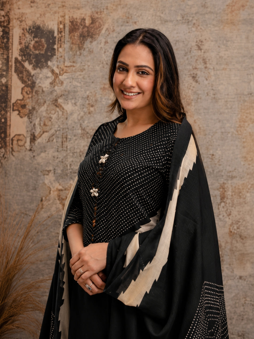 Black Cotton Kurta Set with Printed Yoke & Dupatta – Elegant Ethnic Wear