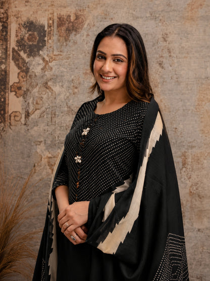 Black Cotton Kurta Set with Printed Yoke & Dupatta – Elegant Ethnic Wear