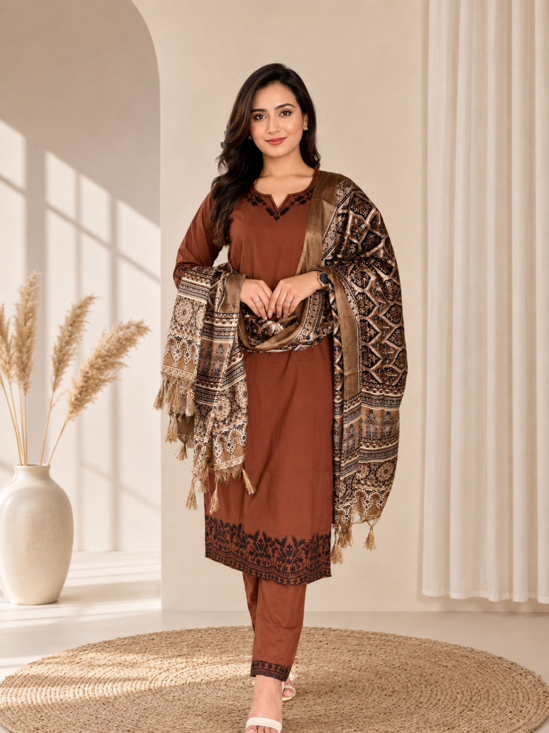 Brown Embroidered Cotton Kurta Pant Set with Printed Dupatta