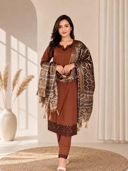Brown Embroidered Cotton Kurta Pant Set with Printed Dupatta
