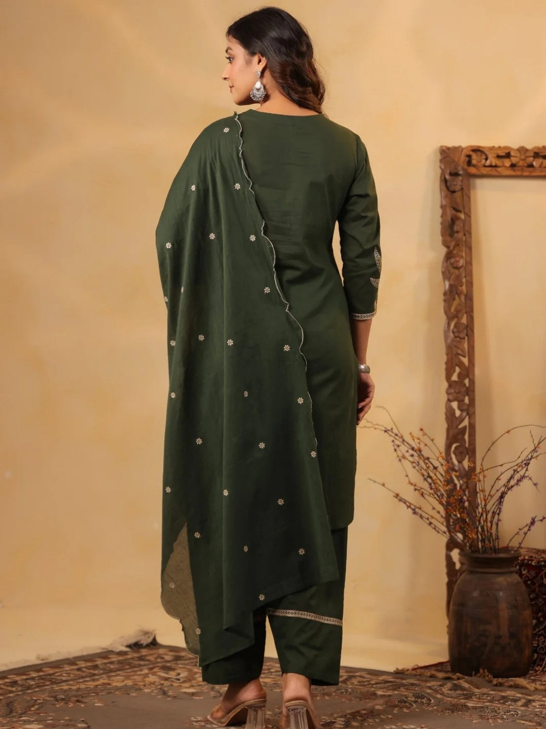 Forest Green Pure Cotton Embroidered Kurta Set with Farsi Salwar