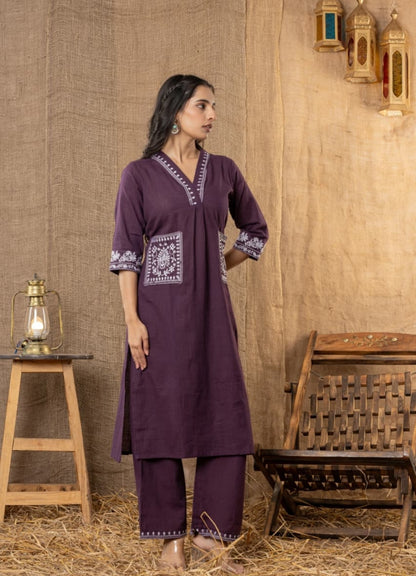 Wine Cotton Slub Kurta Set with Pockets