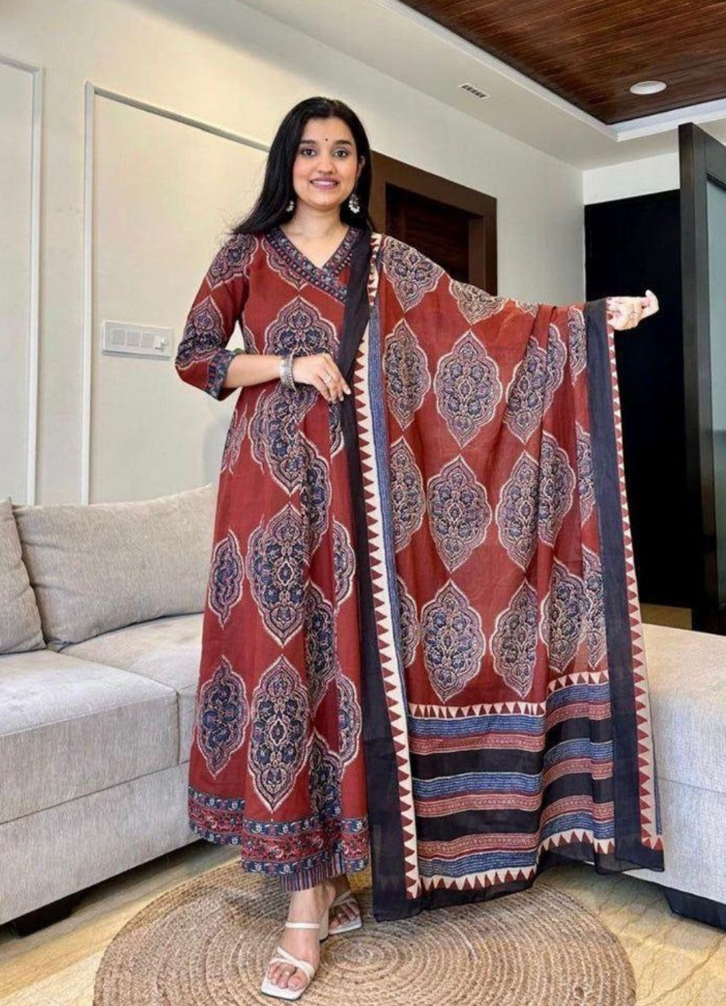 Rust Brown Cotton Anarkali Set with Traditional Block Print – Daily & Office Wear