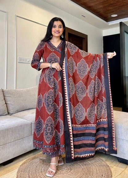 Rust Brown Cotton Anarkali Set with Traditional Block Print – Daily & Office Wear