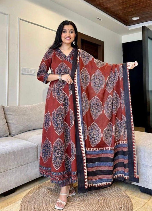 Rust Brown Cotton Anarkali Set with Traditional Block Print – Daily & Office Wear
