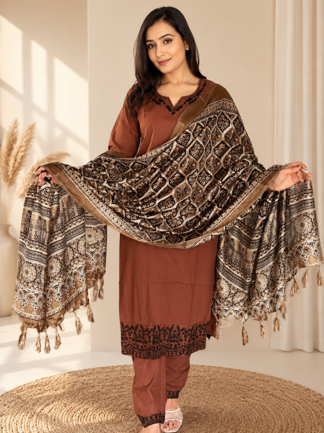 Brown Embroidered Cotton Kurta Pant Set with Printed Dupatta