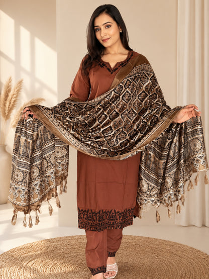 Brown Embroidered Cotton Kurta Pant Set with Printed Dupatta