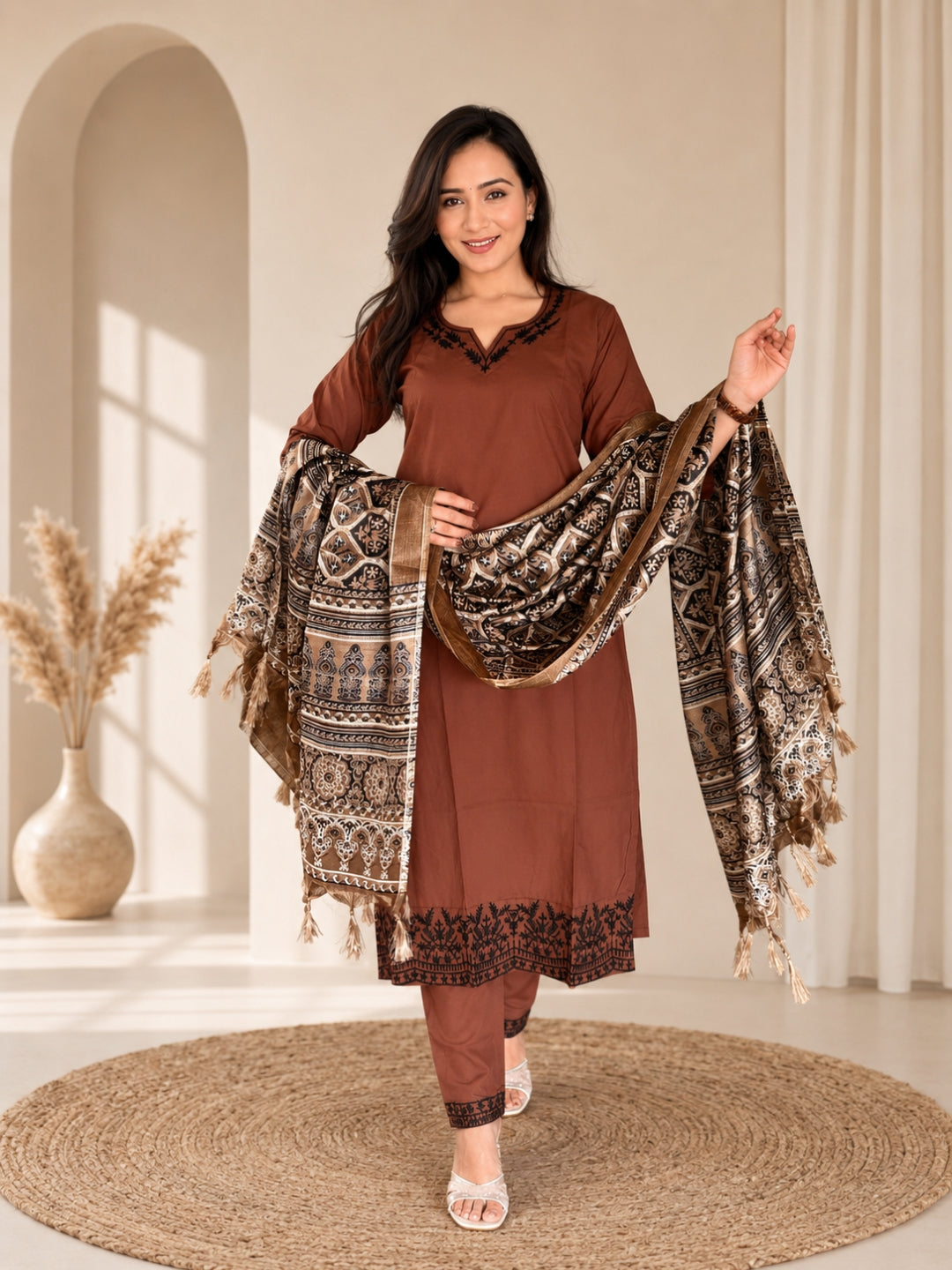 Brown Embroidered Cotton Kurta Pant Set with Printed Dupatta
