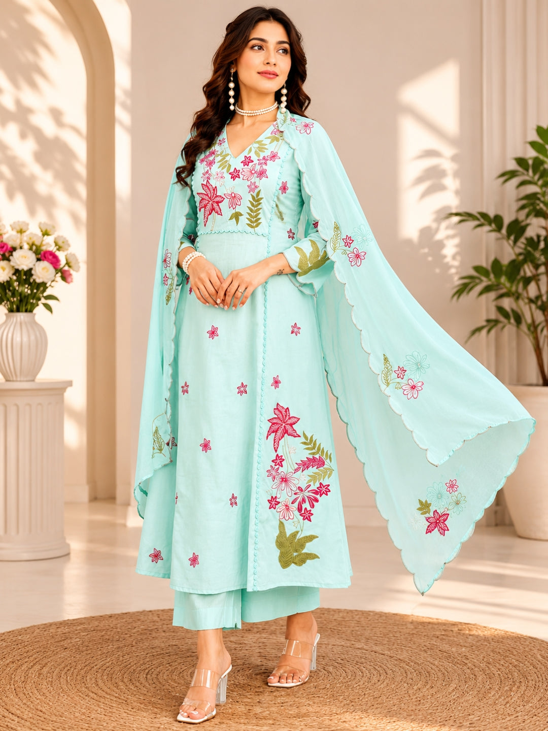 Sky Blue Floral Embroidered Cotton Kurta Palazzo Set with Dupatta