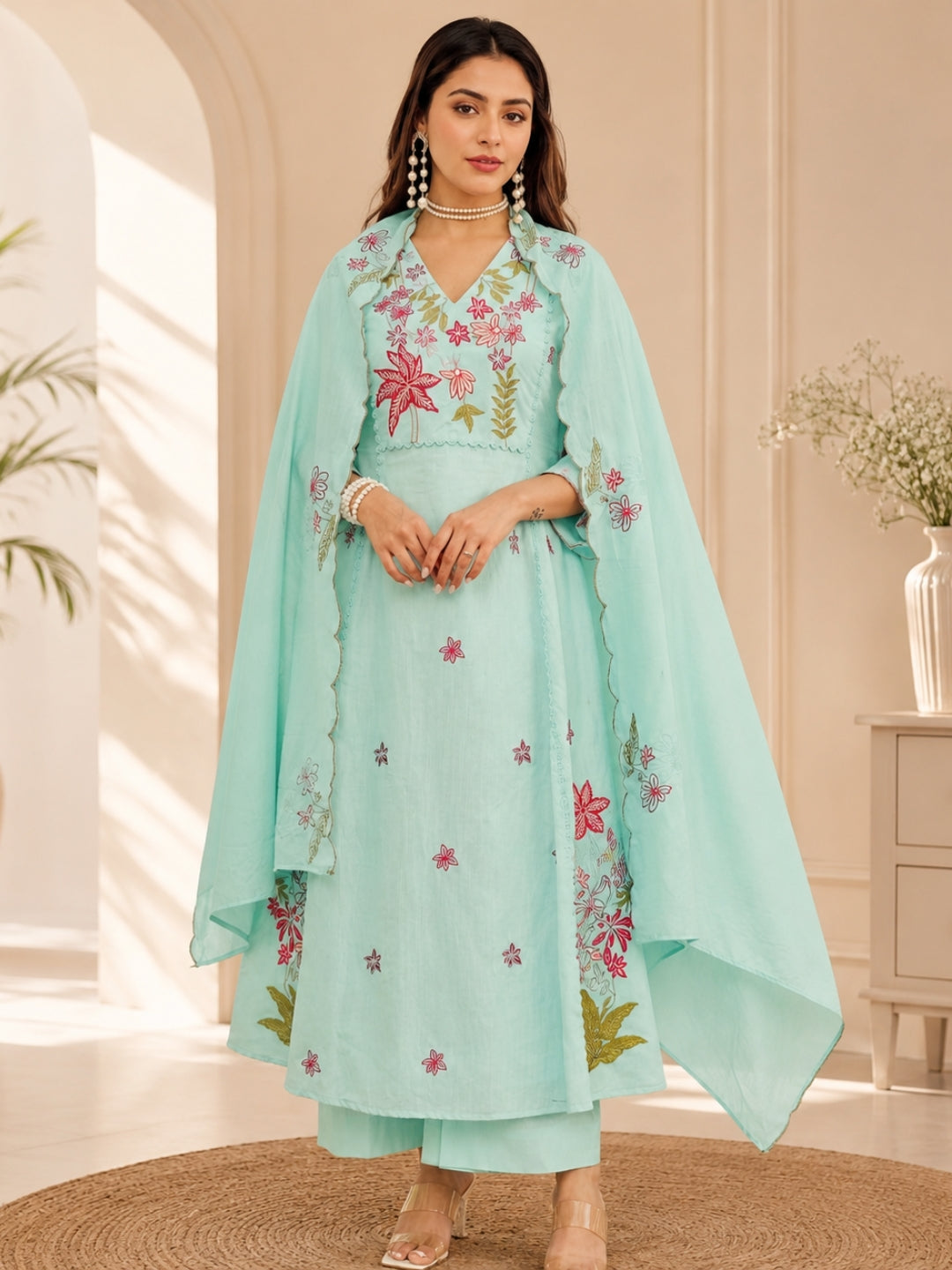 Sky Blue Floral Embroidered Cotton Kurta Palazzo Set with Dupatta