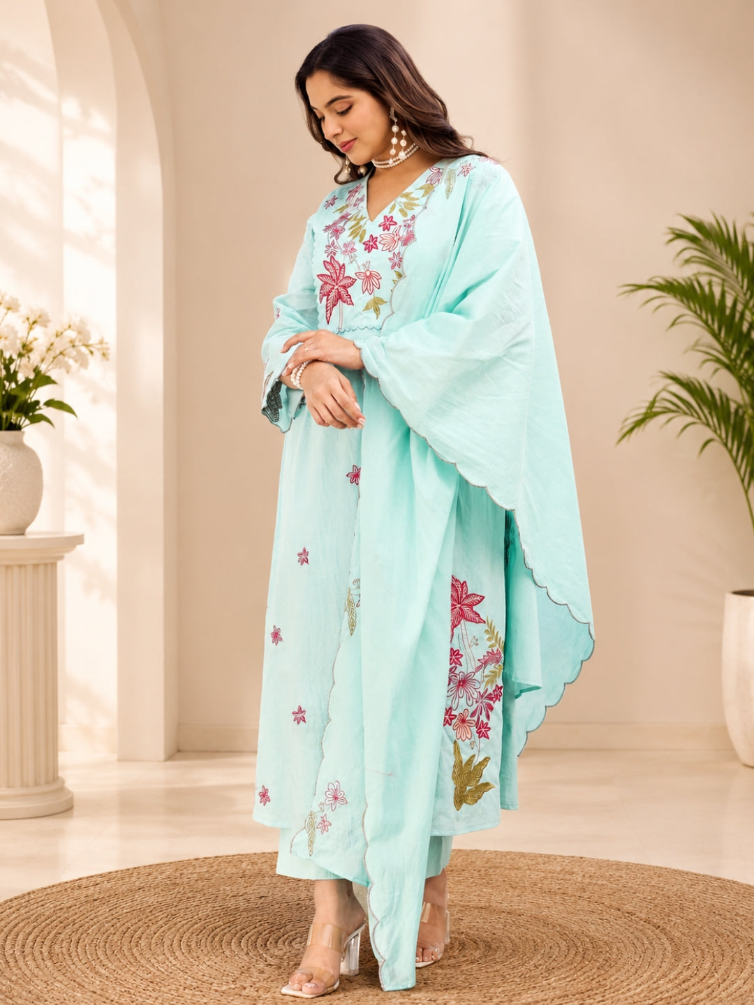 Sky Blue Floral Embroidered Cotton Kurta Palazzo Set with Dupatta