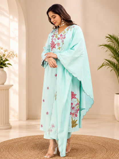 Sky Blue Floral Embroidered Cotton Kurta Palazzo Set with Dupatta