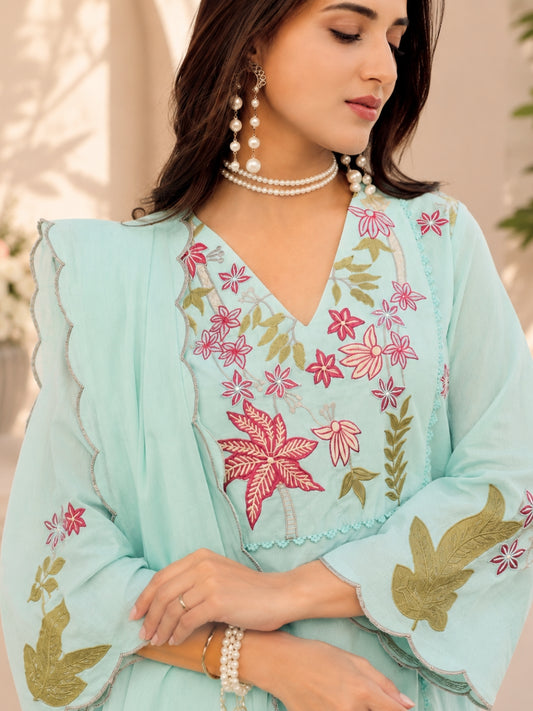 Sky Blue Floral Embroidered Cotton Kurta Palazzo Set with Dupatta