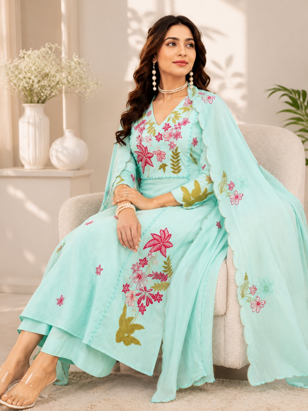 Sky Blue Floral Embroidered Cotton Kurta Palazzo Set with Dupatta