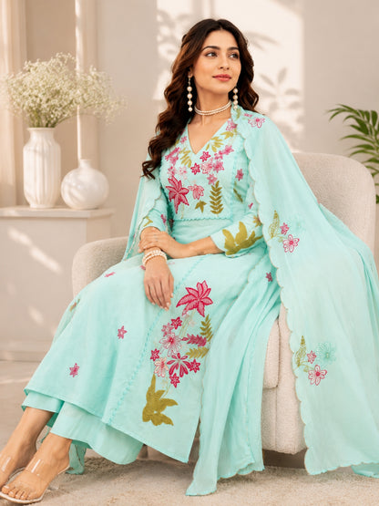 Sky Blue Floral Embroidered Cotton Kurta Palazzo Set with Dupatta