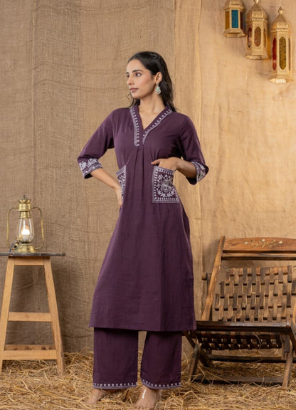 Wine Cotton Slub Kurta Set with Pockets