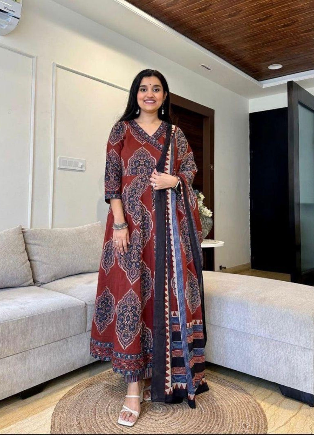 Rust Brown Cotton Anarkali Set with Traditional Block Print – Daily & Office Wear