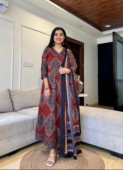 Rust Brown Cotton Anarkali Set with Traditional Block Print – Daily & Office Wear