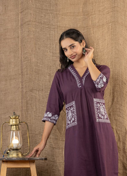 Wine Cotton Slub Kurta Set with Pockets