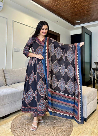 Black Cotton Anarkali Set with Traditional Block Print – Daily & Office Wear