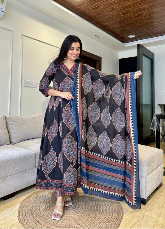 Black Cotton Anarkali Set with Traditional Block Print – Daily & Office Wear
