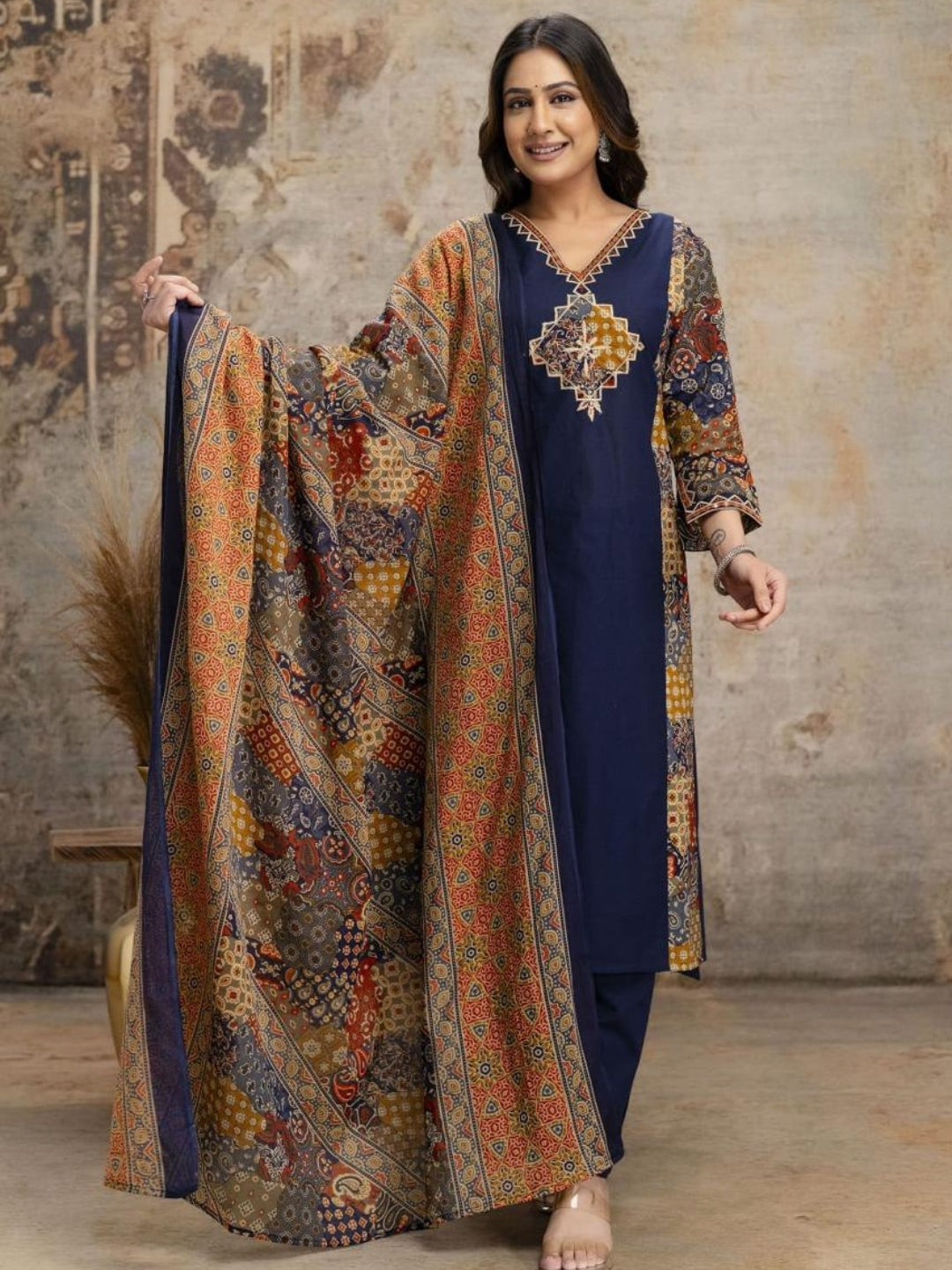 Navy Blue Printed Kurta Palazzo Set with Ethnic Dupatta