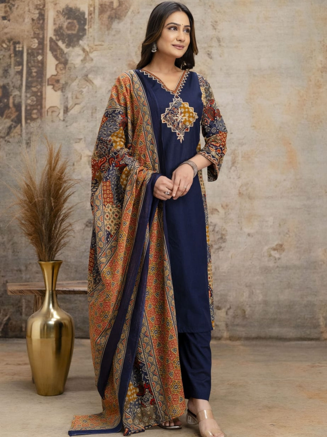 Navy Blue Printed Kurta Palazzo Set with Ethnic Dupatta