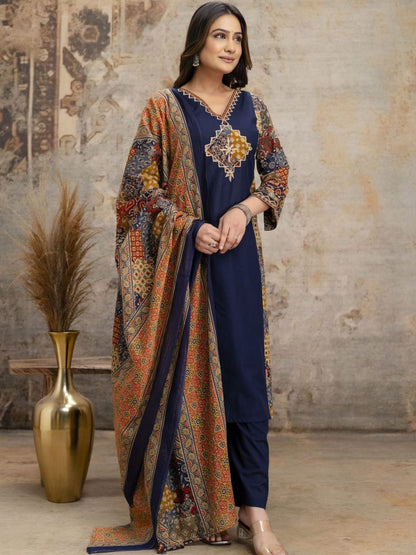 Navy Blue Printed Kurta Palazzo Set with Ethnic Dupatta
