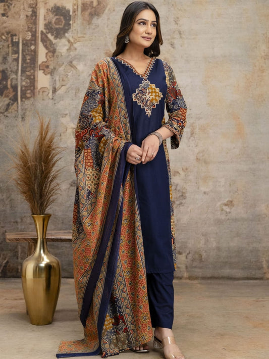 Navy Blue Printed Kurta Palazzo Set with Ethnic Dupatta