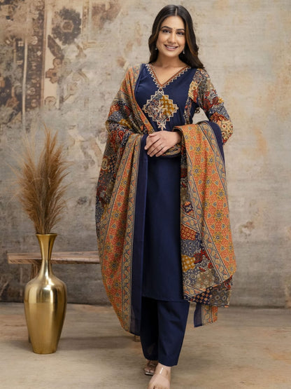 Navy Blue Printed Kurta Palazzo Set with Ethnic Dupatta