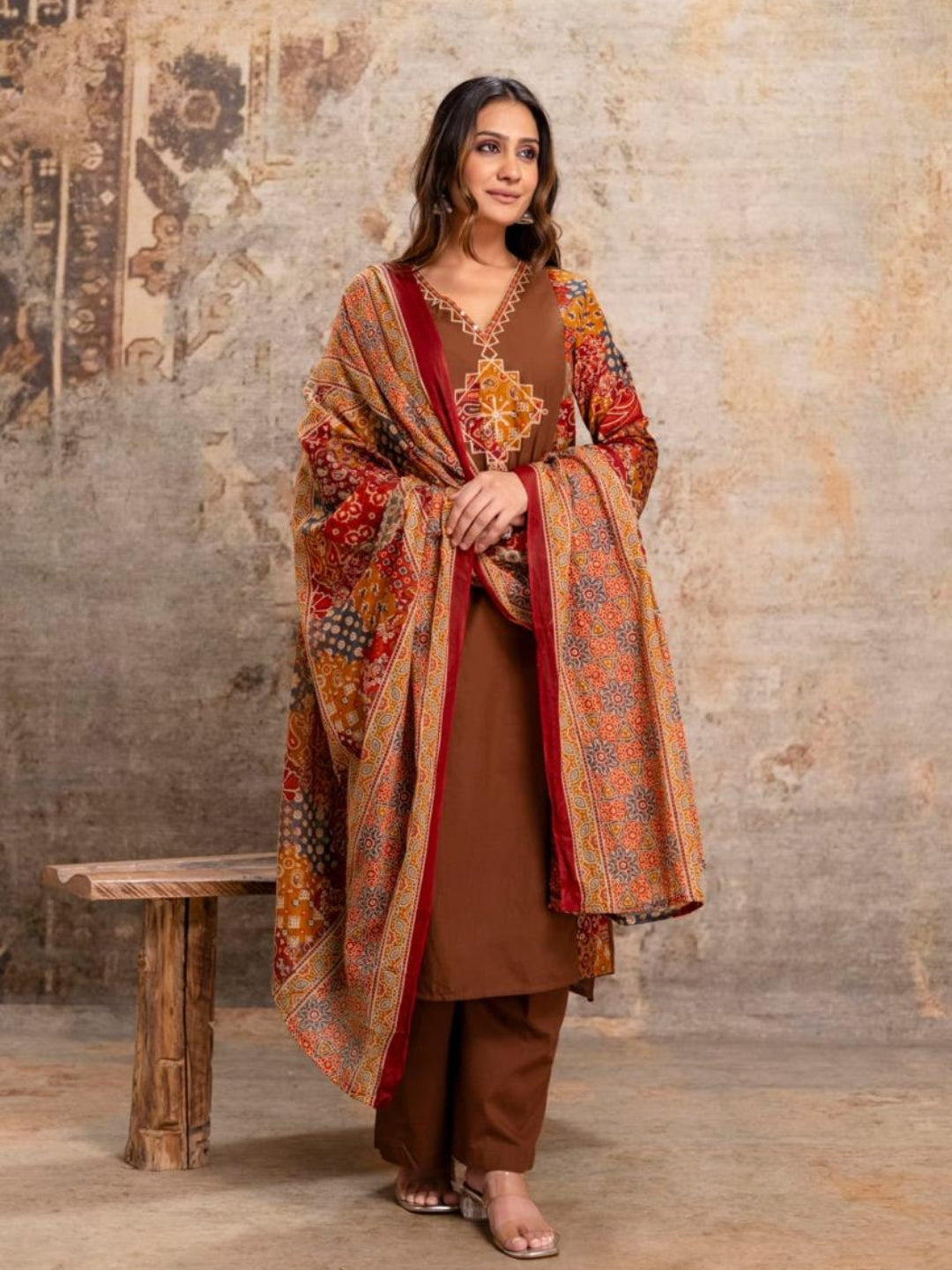 Coffee Brown Printed Kurta Palazzo Set with Ethnic Dupatta