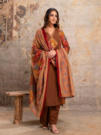 Coffee Brown Printed Kurta Palazzo Set with Ethnic Dupatta