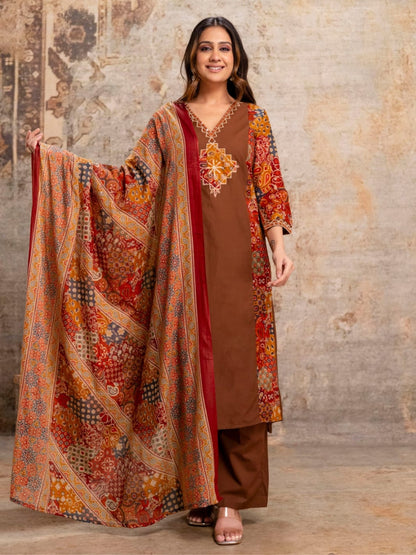 Coffee Brown Printed Kurta Palazzo Set with Ethnic Dupatta