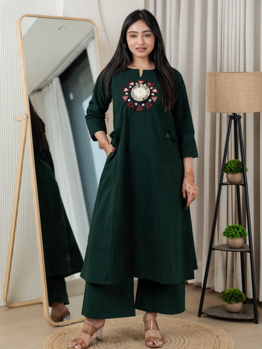 Bottle Green Dabu Cotton A-Line Kurta Set with Handcrafted Mirror Work Embroidery