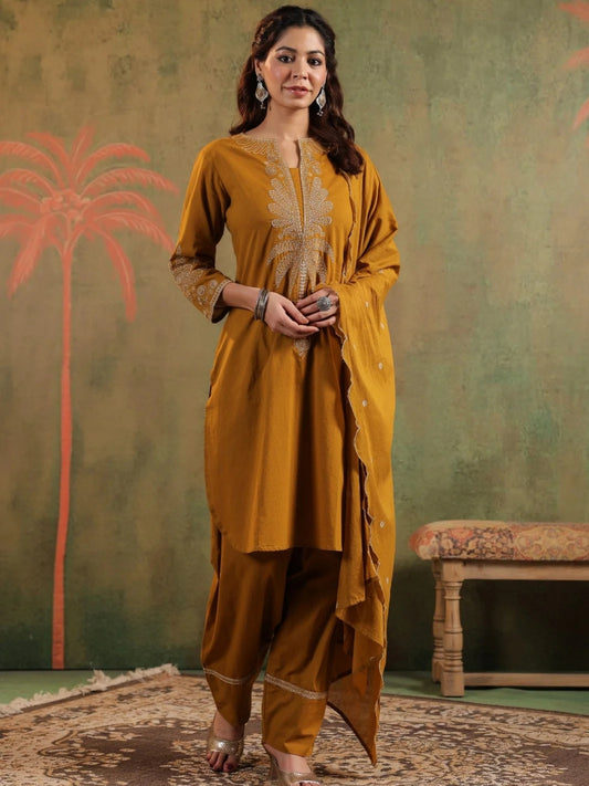 Mustard Pure Cotton Embroidered Kurta Set with Farsi Salwar