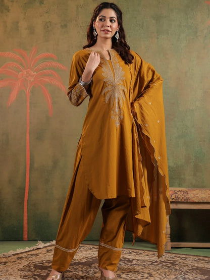 Mustard Pure Cotton Embroidered Kurta Set with Farsi Salwar