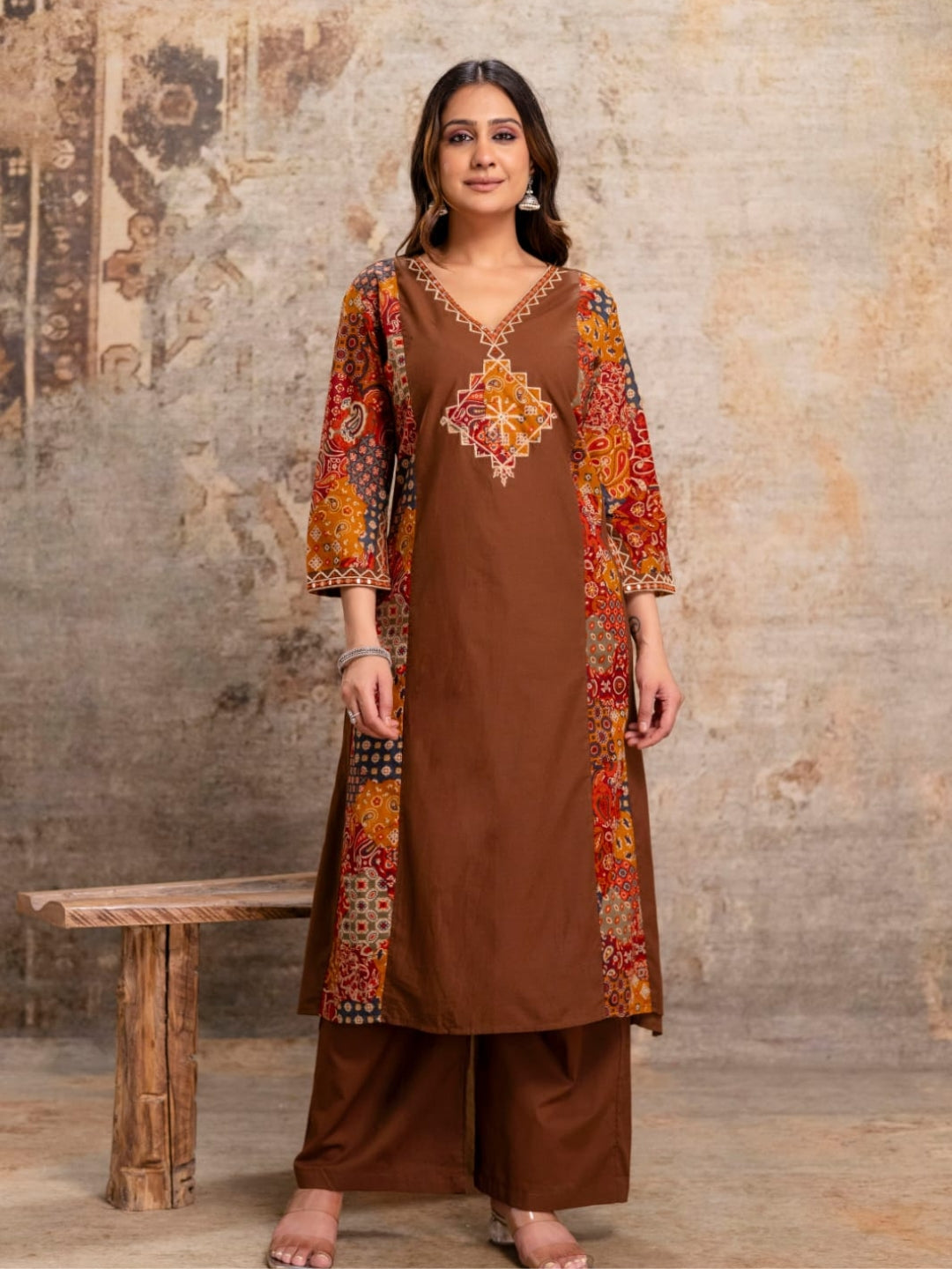 Coffee Brown Printed Kurta Palazzo Set with Ethnic Dupatta
