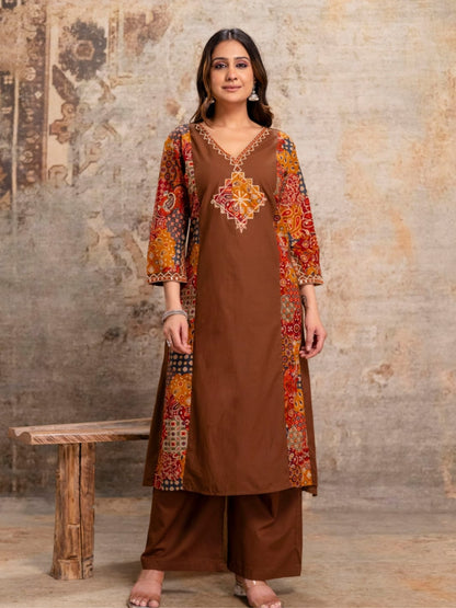 Coffee Brown Printed Kurta Palazzo Set with Ethnic Dupatta