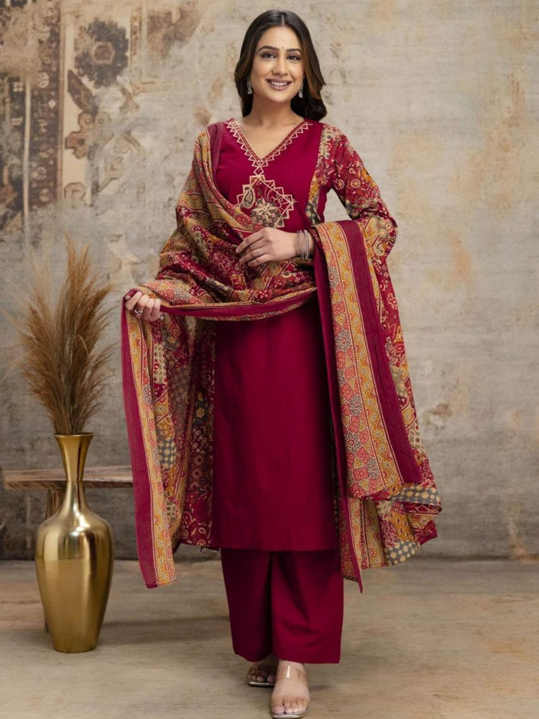 Maroon Printed Kurta Palazzo Set with Ethnic Dupatta