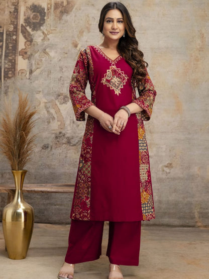 Maroon Printed Kurta Palazzo Set with Ethnic Dupatta