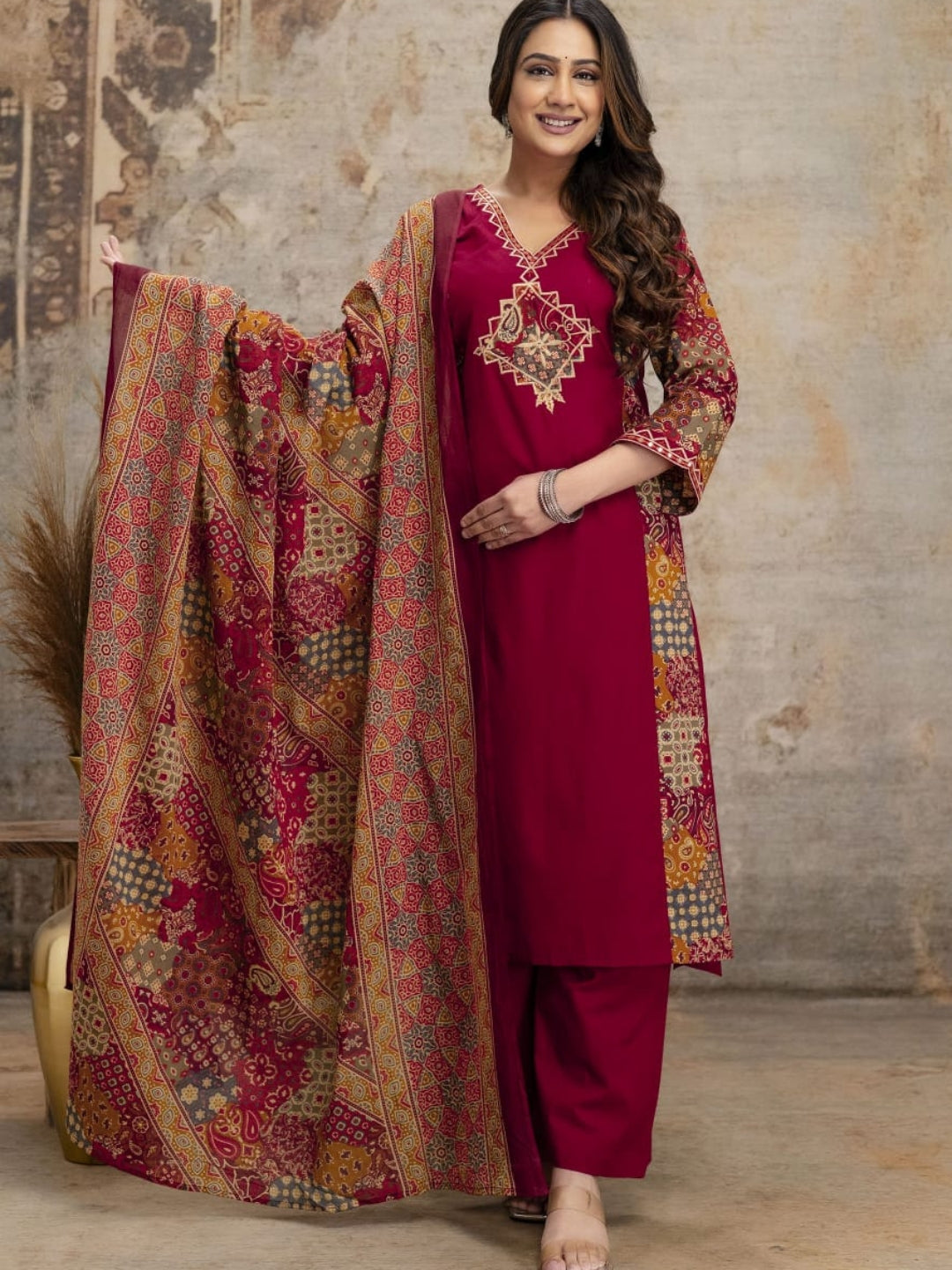 Maroon Printed Kurta Palazzo Set with Ethnic Dupatta