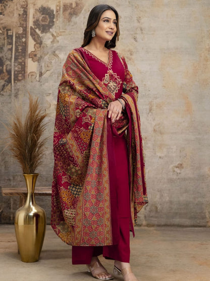 Maroon Printed Kurta Palazzo Set with Ethnic Dupatta