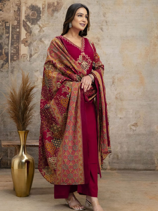 Maroon Printed Kurta Palazzo Set with Ethnic Dupatta