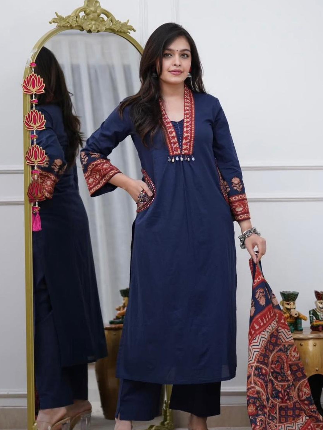 Navy Blue Printed Cotton Kurta Palazzo Set with Dupatta