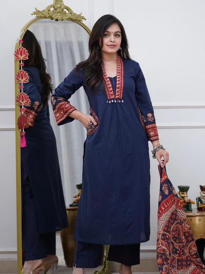 Navy Blue Printed Cotton Kurta Palazzo Set with Dupatta